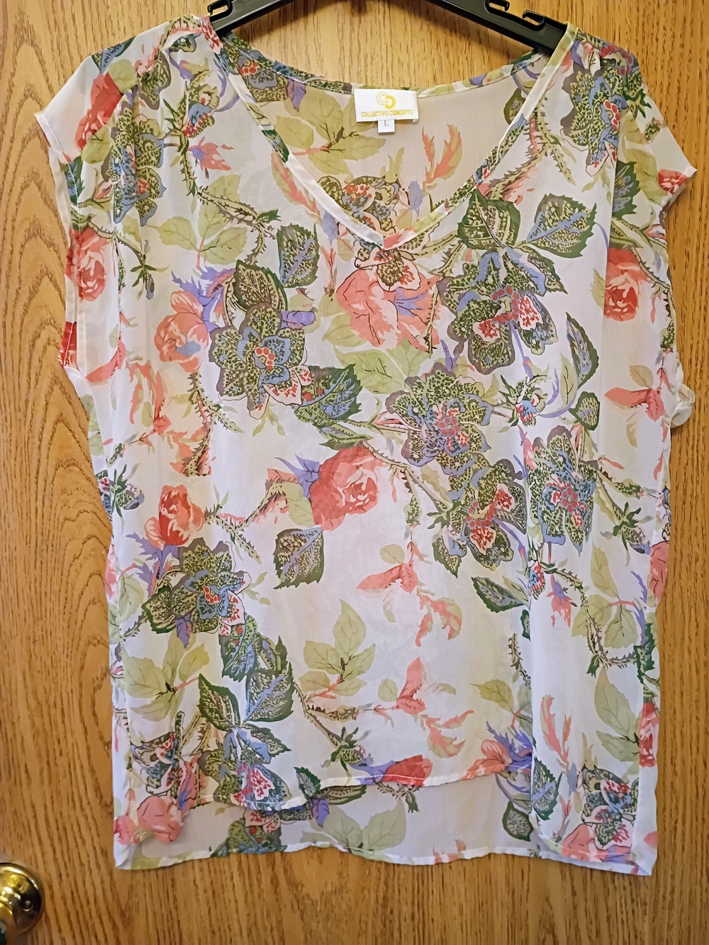 Collective Concepts Sheer Floral V-Neck Blouse in White, Green & Pink